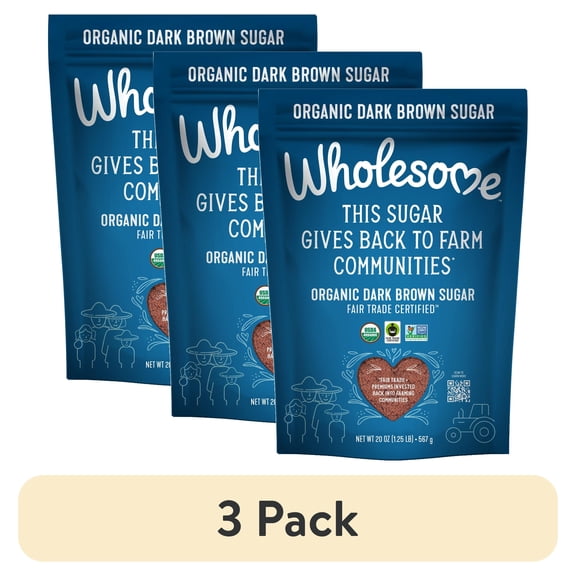 (3 pack) Wholesome Organic Fair Trade Dark Brown Sugar, 20oz Resealable Pouch, Great for Baking & Sweetening