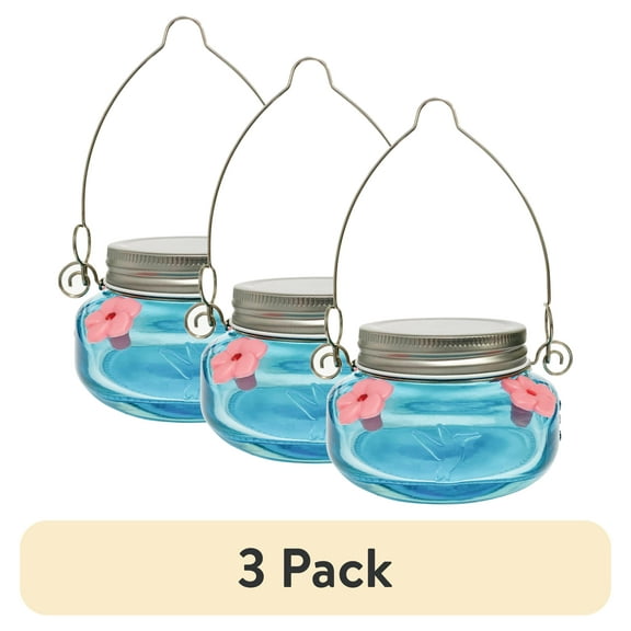 (3 pack) Wild Wings Glass Mason Jar Hummingbird Feeder 6 oz, Teal
