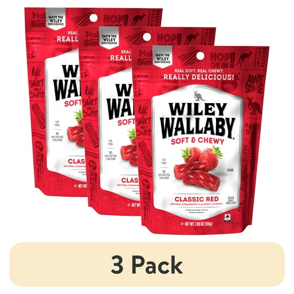 (3 pack) Wiley Wallaby Classic Red Licorice Candy, 7.05 oz. Resealable Bag