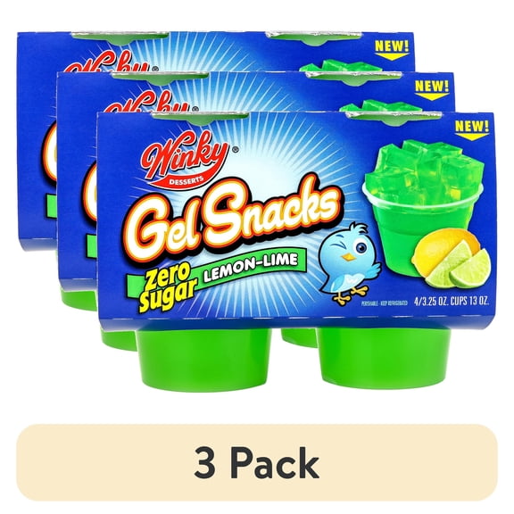 (3 pack) Winky Zero Sugar Lemon Lime Gel Snacks, 4 Count Plastic Cups, Refrigerated, 1 Cup Serving Size