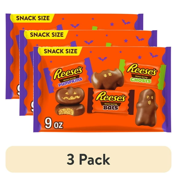 (3 pack) Reese's Assorted Milk Chocolate Snack Size Peanut Butter Shapes Halloween Candy, Bag 9 oz