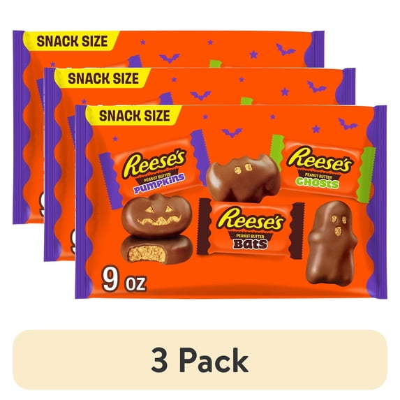 (3 pack) REESE'S Assorted Milk Chocolate Snack Size Peanut Butter Shapes, Halloween Candy Bag, 9 oz
