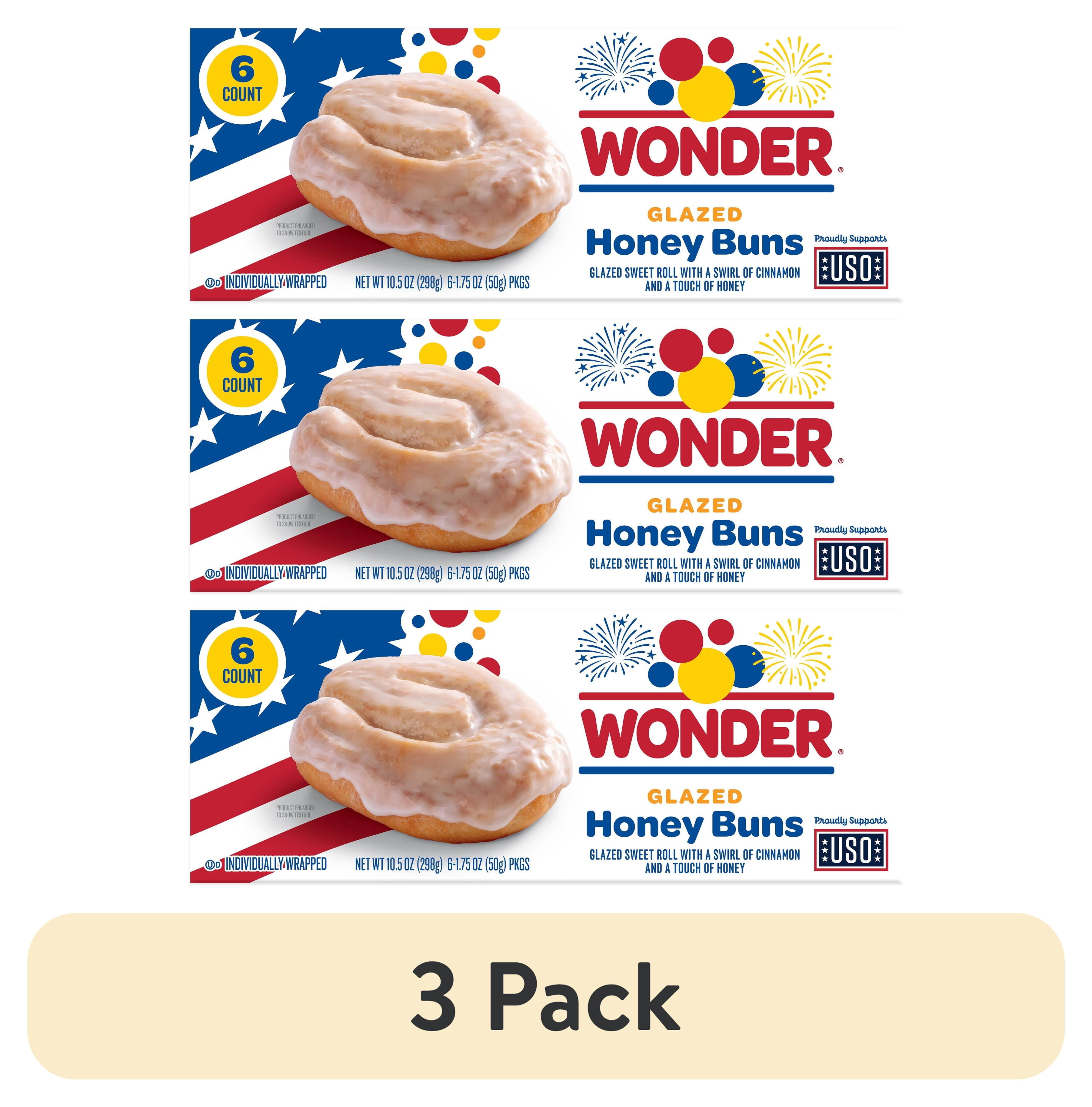 (3 pack) Wonder Glazed Honey Buns, Individually Wrapped Pastry Snacks, 10.5 oz, 6 Count