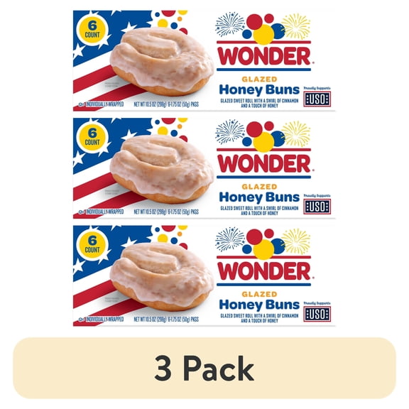 (3 pack) Wonder Glazed Honey Buns, Individually Wrapped Pastry Snacks, 10.5 oz, 6 Count