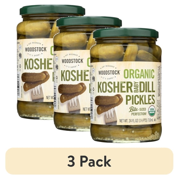 (3 pack) Woodstock Foods Organic Kosher Baby Dill Pickles, 24 oz Jar, Serving Size 2 Pickles, Servings Per Container 14