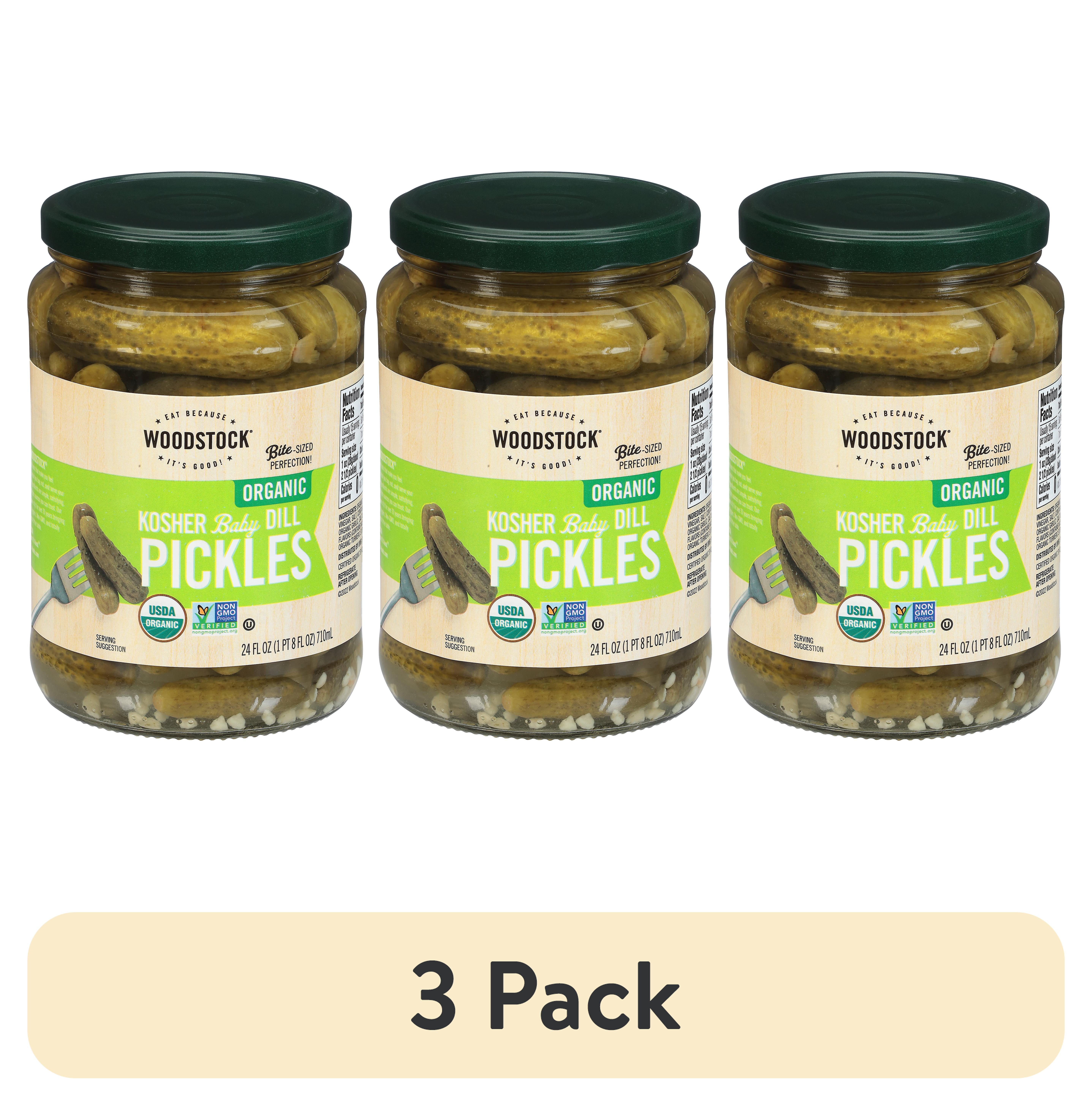 (3 pack) Woodstock Foods Organic Kosher Baby Dill Pickles, 24 oz Jar, Serving Size 2 Pickles, Servings Per Container 14
