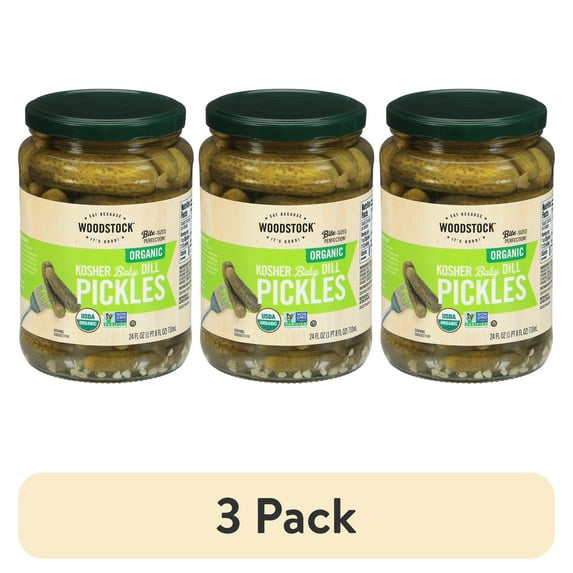 (3 pack) Woodstock Foods Organic Kosher Baby Dill Pickles, 24 oz Jar, Serving Size 2 Pickles, Servings Per Container 14