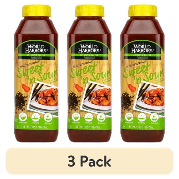 (3 pack) World Harbors Maui Mountain Hawaiian Style Sweet And Sour Sauce, 16 Fl Oz. Bottle