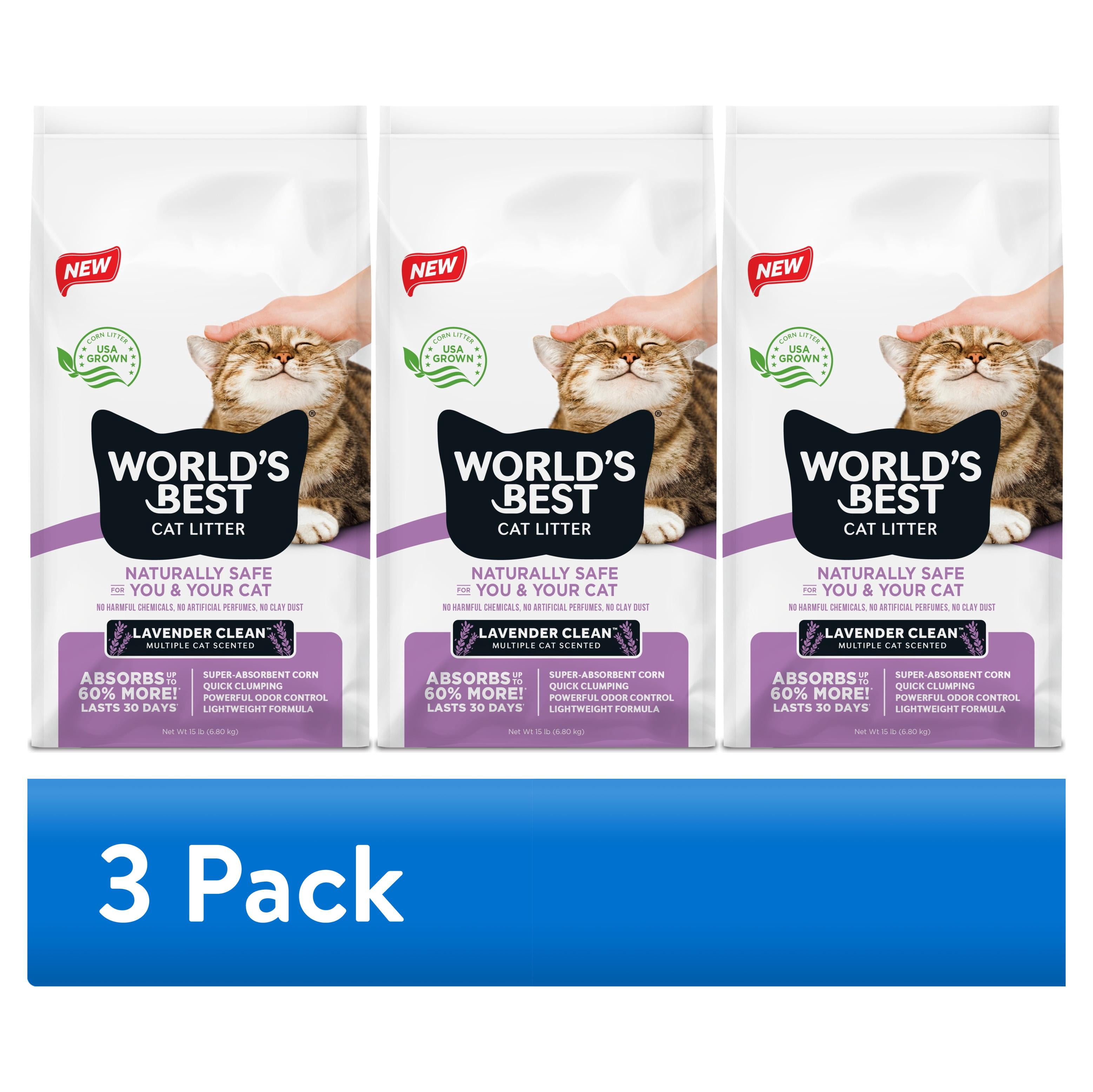(3 pack) World's Best Cat Litter® Lavender Clean™ Scented, Absorbs 60% More, Made from Corn, Quick Clumping, Flushable, 99% Dust Free, Long-Lasting Odor Control & Easy Scooping, 15 Pound Bag