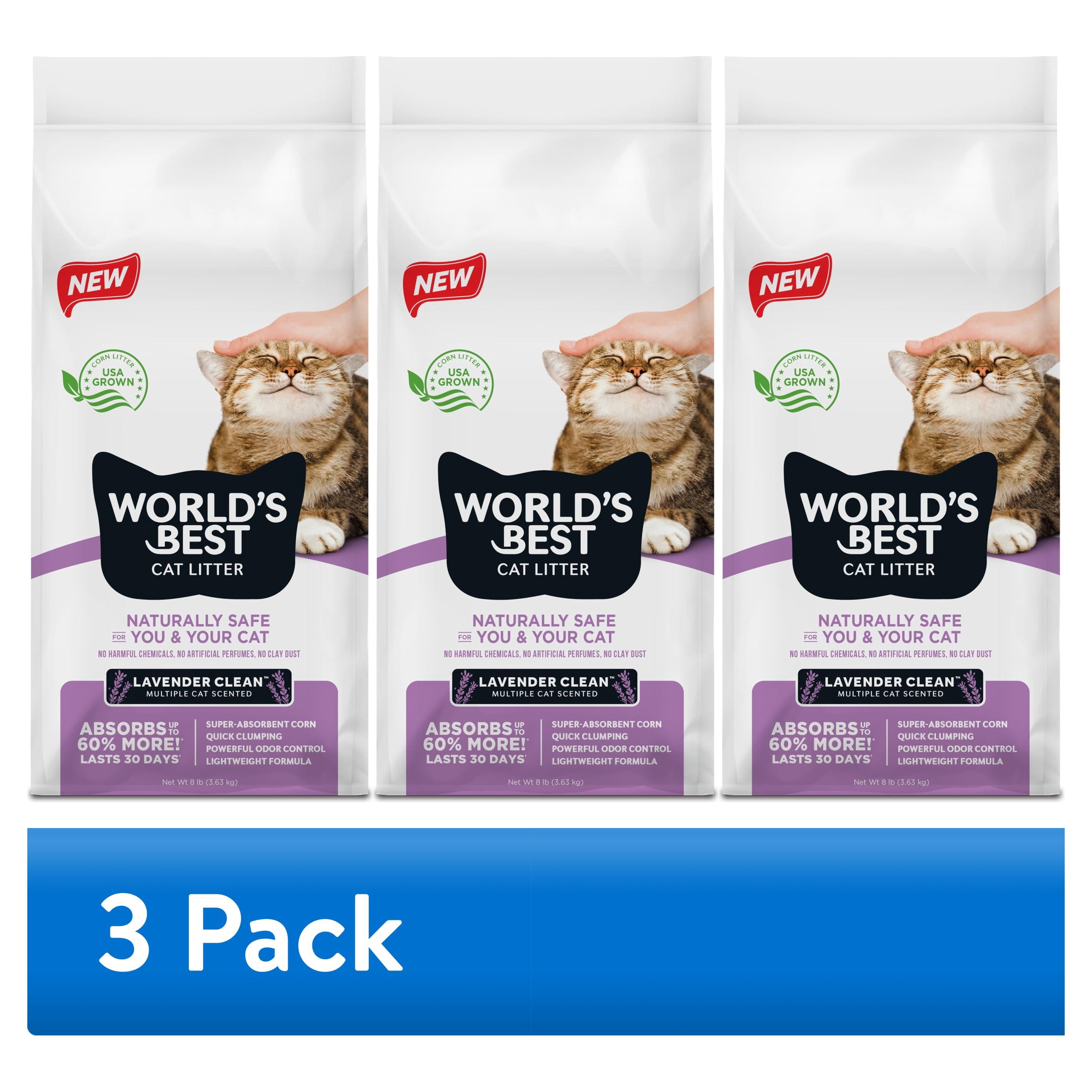 (3 pack) World's Best Cat Litter® Lavender Clean™ Scented, Absorbs 60% More, Made from Corn, Quick Clumping, Flushable, 99% Dust Free, Long-Lasting Odor Control & Easy Scooping, 8 Pound Bag