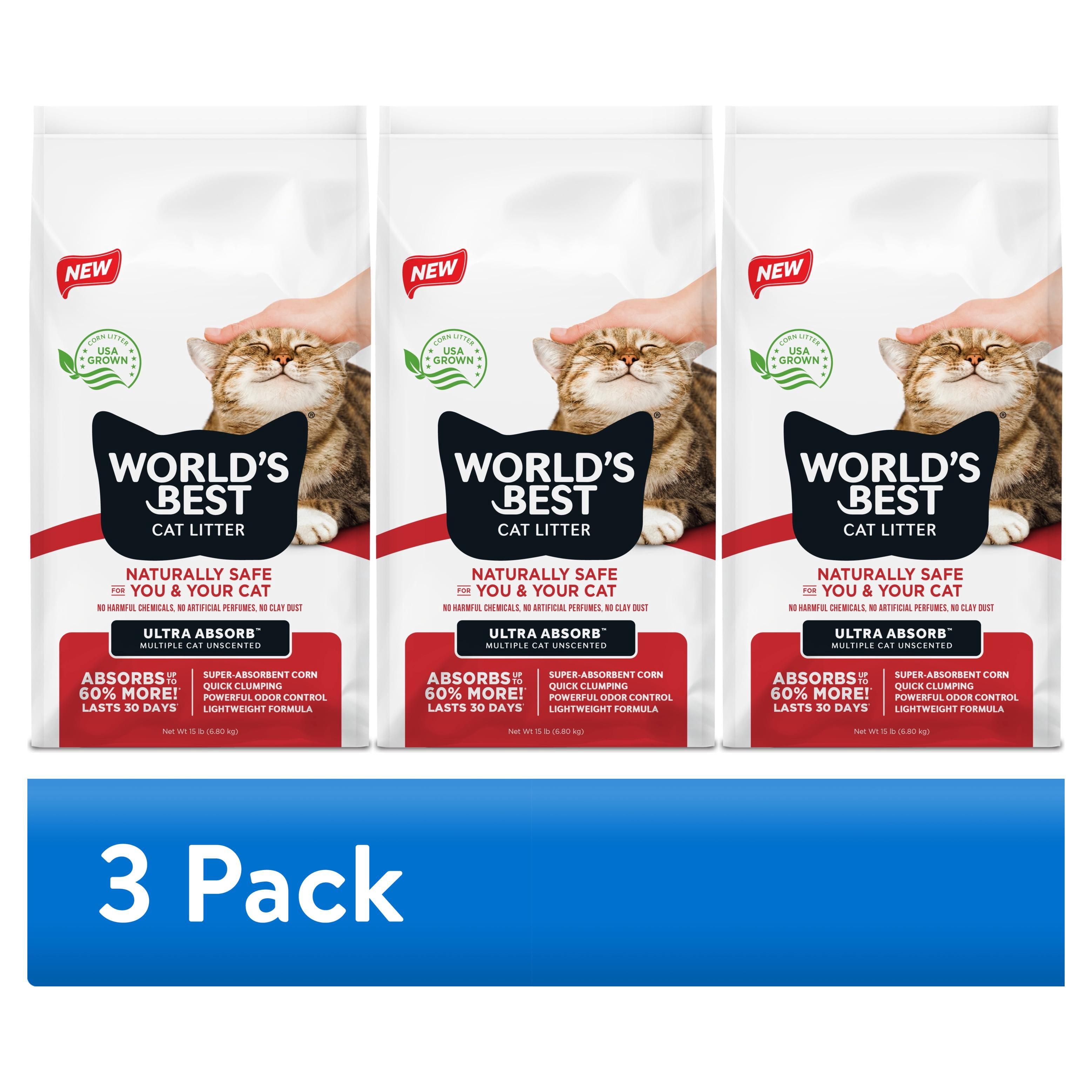 (3 pack) World’s Best Cat Litter® Ultra Absorb™ Unscented, Made from Corn, Quick Clumping, Flushable, 99% Dust Free, Long-Lasting Odor Control & Easy Scooping, 15 Pound Bag