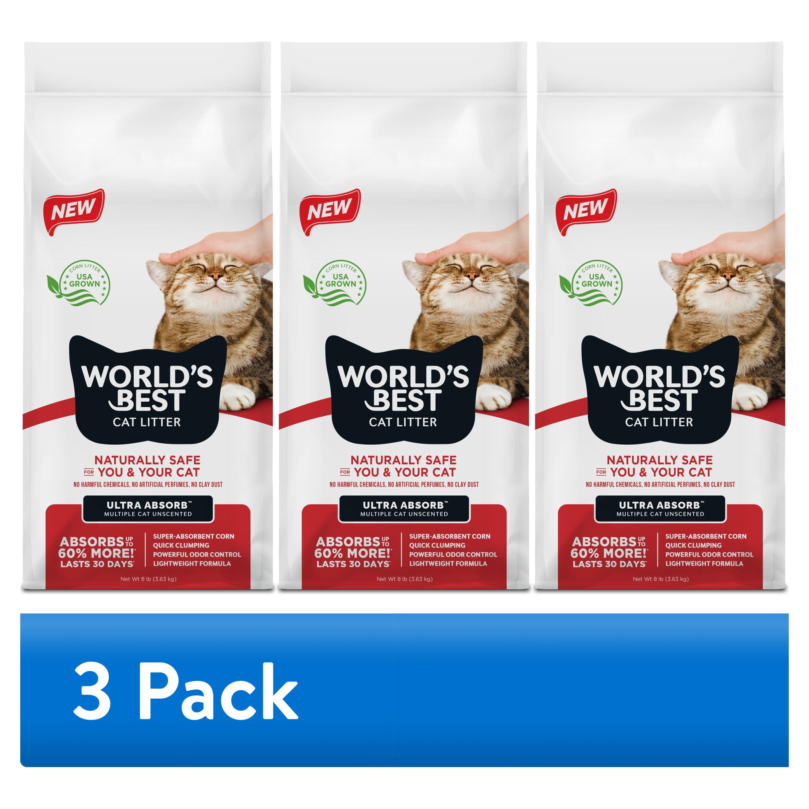 (3 pack) World’s Best Cat Litter® Ultra Absorb™ Unscented, Made from Corn, Quick Clumping, Flushable, 99% Dust Free, Long-Lasting Odor Control & Easy Scooping, 8 Pound Bag