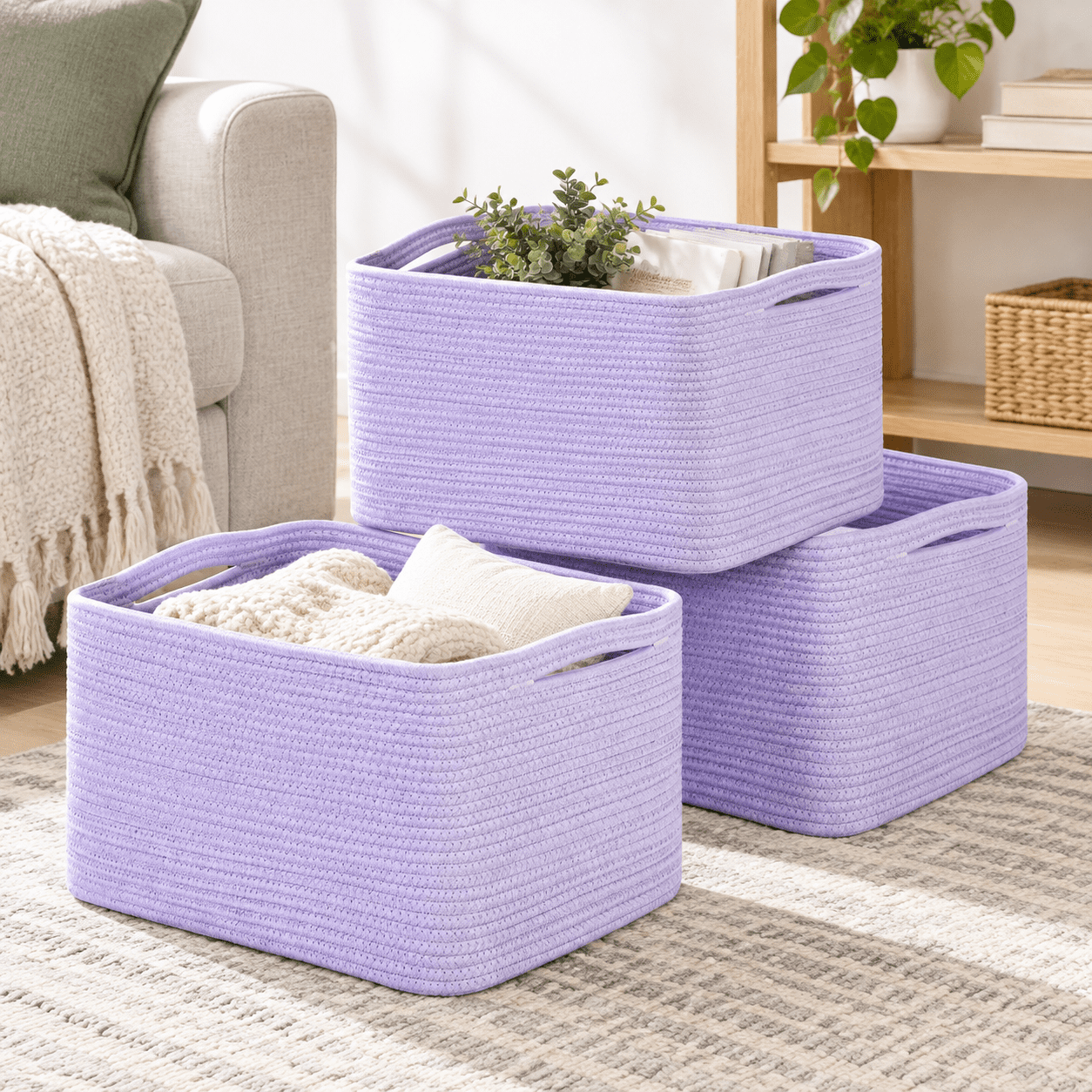 3-pack Woven Storage Baskets for Shelves, Closet, Pantry, Lavender ...