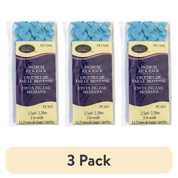 (3 pack) Wrights 1/2" Delft Blue Medium Rick Rack, 2.5 yd Polyester Sewing Trim
