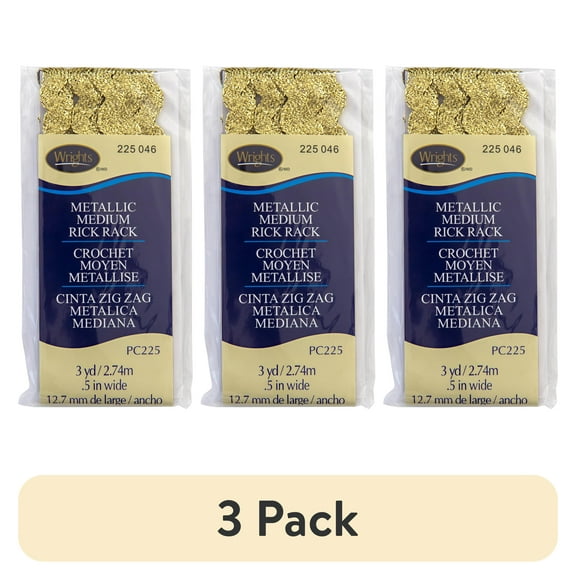 (3 pack) Wrights 1/2" Gold Metallic Metallic Rick Rack, 3 yd Sewing Trim