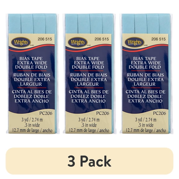 (3 pack) Wrights Blue 1/2" Bias Tape Extra Wide Double Fold 3 yd Polyester Blend Sewing Trim