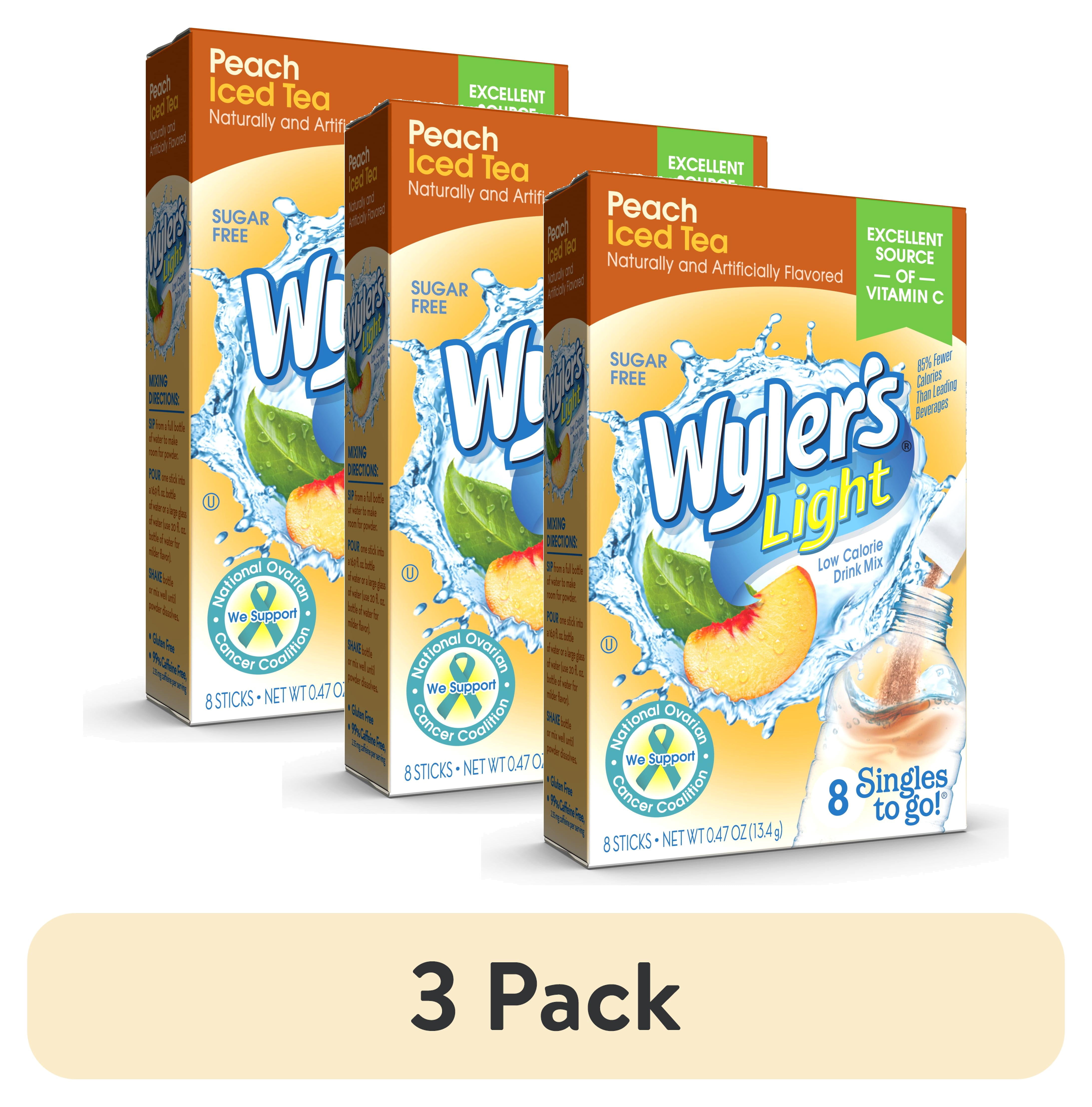 (3 pack) Wyler's Light Peach Iced Tea Powdered Drink Mix Singles to Go, Sugar-Free, 8 Count Packets