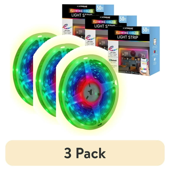 (3 pack) Xtreme Lit 50ft Bluetooth LED Light Strips, Flowing Color Effect, App Use, Indoor, Corded Electric, for Christmas, Halloween, Party, Gameday and More