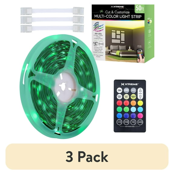 (3 pack) Xtreme Lit 50ft Indoor LED Strip Lights Kit, Multicolor LED Lights for Bedroom, Cuttable, Remote Control