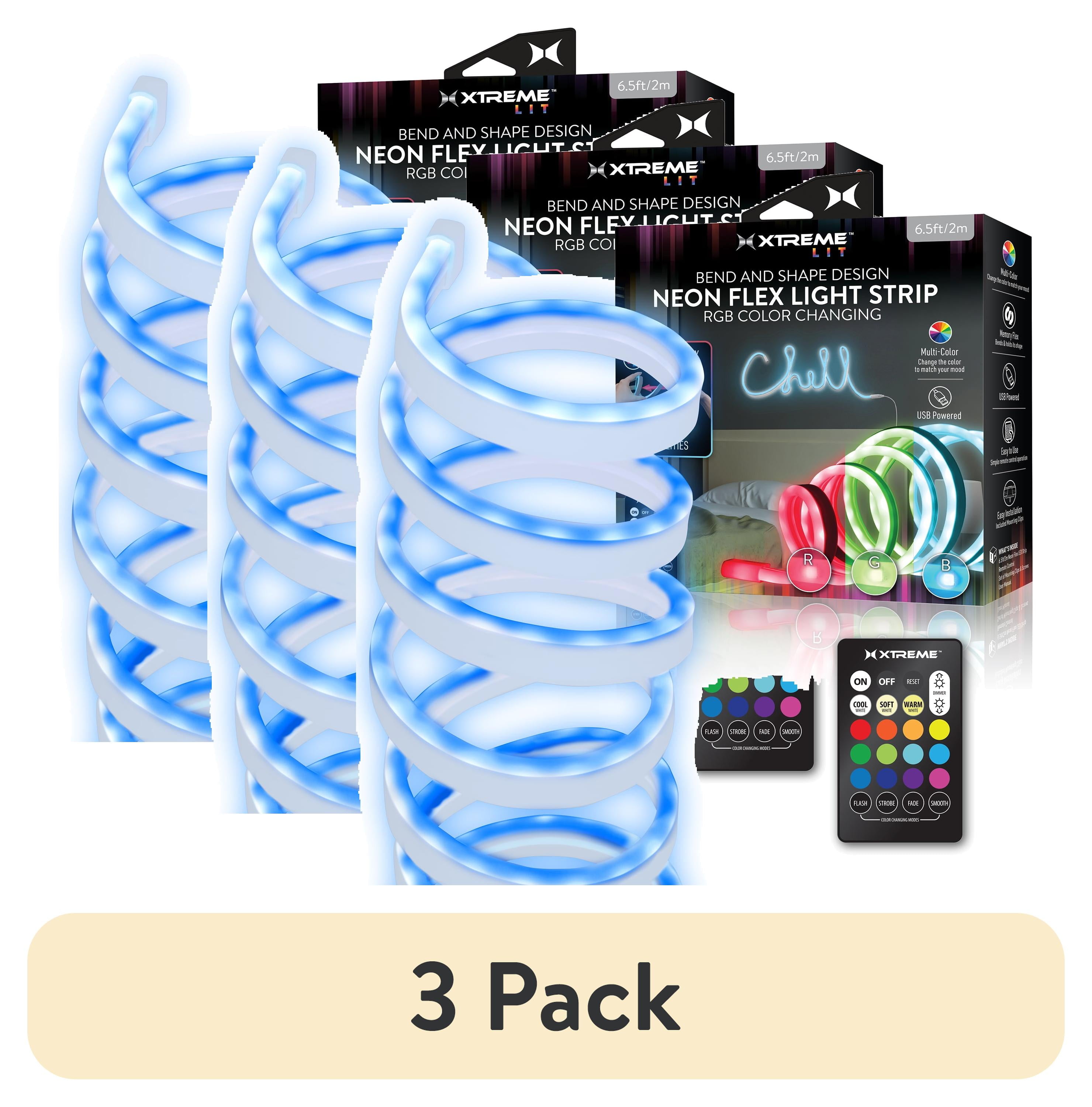 (3 pack) Xtreme Lit 6.5-Foot Neon Flex LED Strip Lights with Memory Wire, Multi-Color, for Christmas, Halloween, Party, Gameday and More, 0.4 lb
