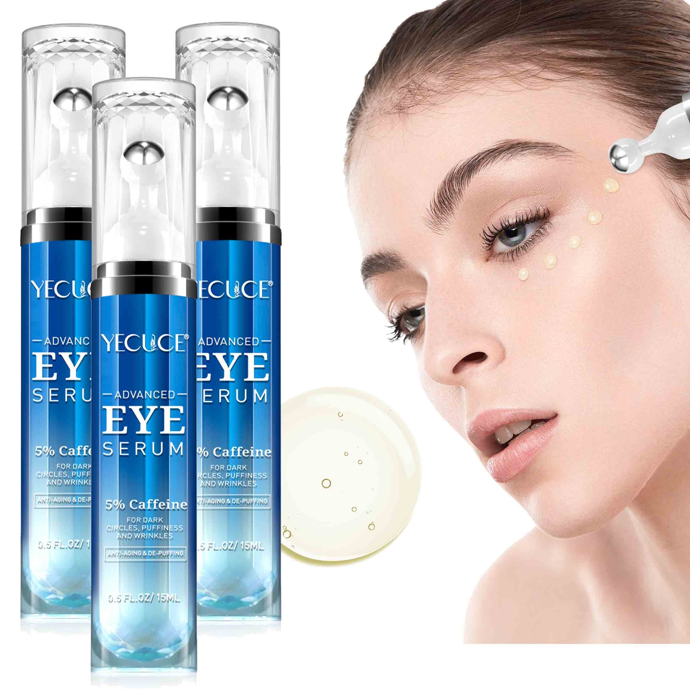 (3 pack) Yecuce Eye Serum with Roller Massage Ball, Caffeine Peptide, Dark Circles Under Eye Treatment, with Retinol, 5ml