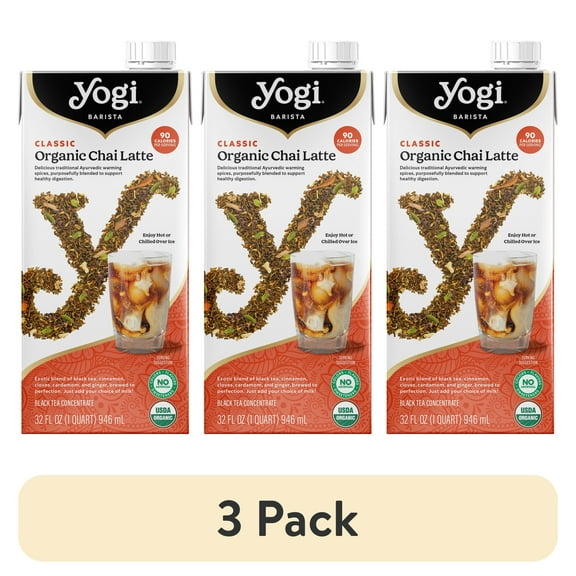 (3 pack) Yogi Barista Classic Organic Chai Latte, Black Tea Concentrate, 32 fl oz Carton, 1 Pack