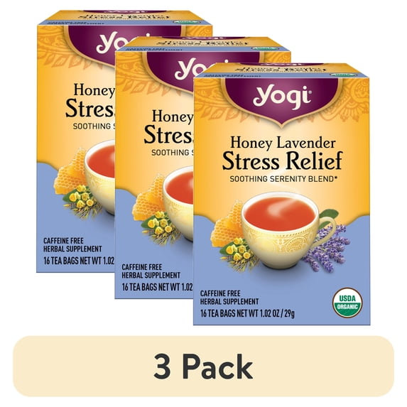 (3 pack) Yogi Tea Honey Lavender Stress Relief, Organic Herbal Tea Bags, 16 Count