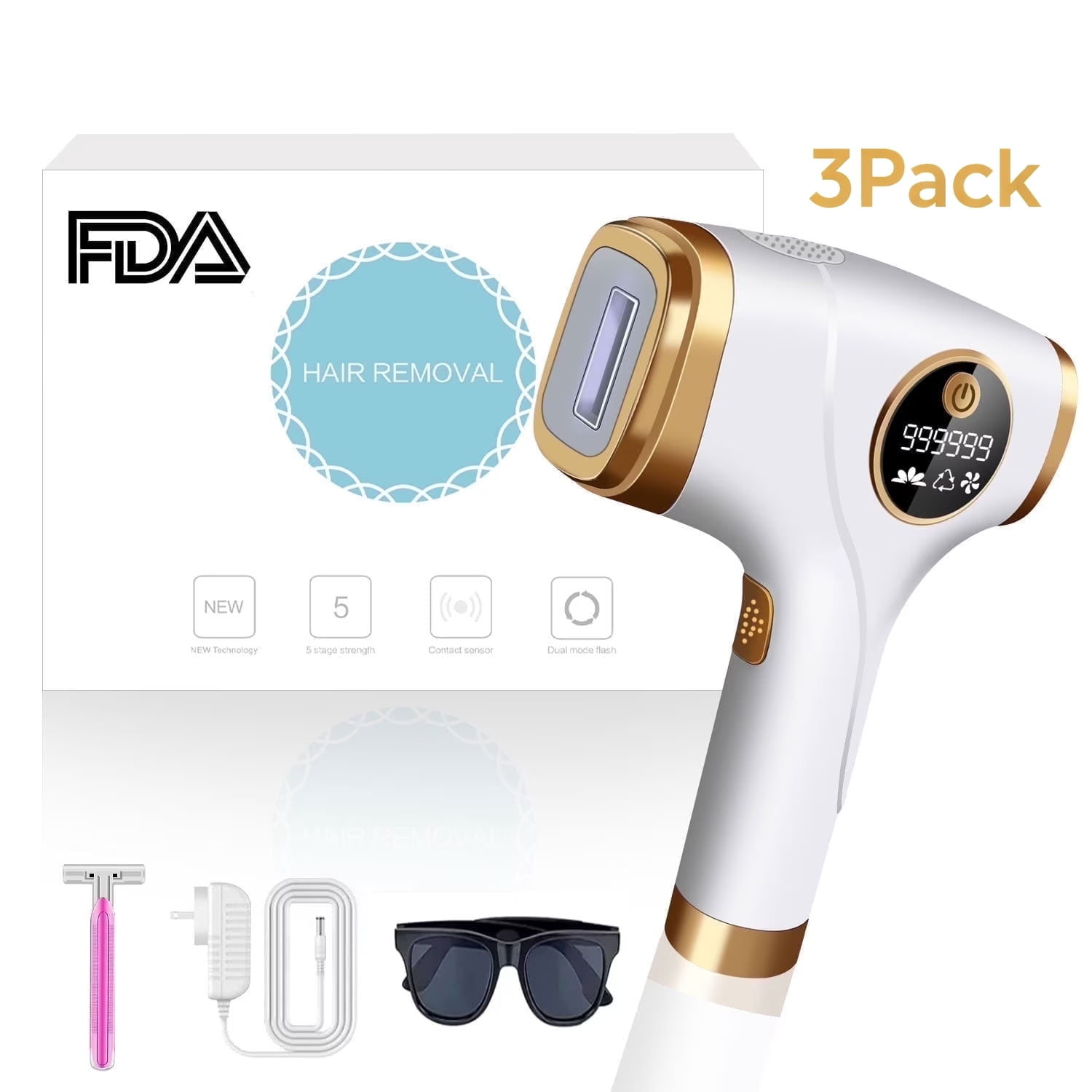 (3 pack) Yoovee IPL Laser Hair Removal Device – Ideal for Bikini Areas & Beyond,  Enhanced with 999,999 Flashes, FDA Approved