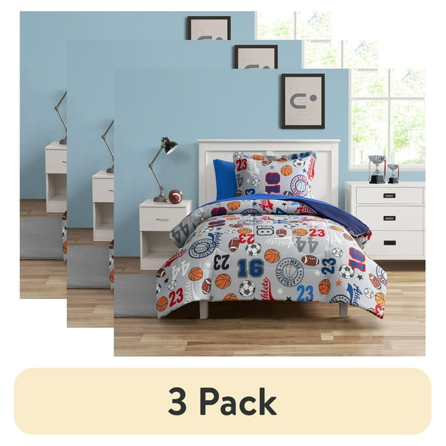 (3 pack) Your Zone 5 Piece Blue Sports Polyester Bedding Set for Boys, Twin