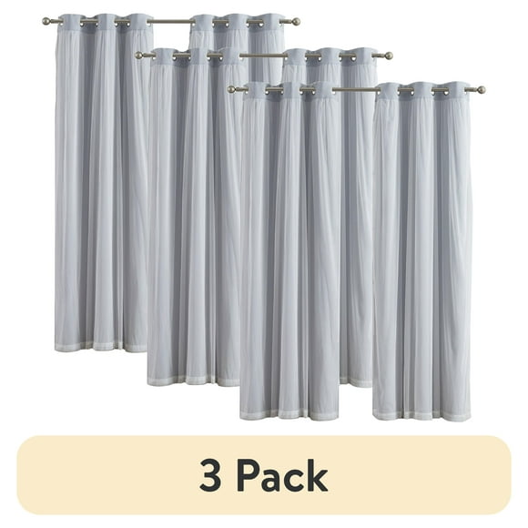 (3 pack) Your Zone Blackout Curtain Panel with Sheer Overlay, 1 Panel, Grey, 37" W x 84" L