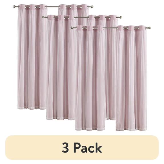 (3 pack) Your Zone Pink Blackout with Sheer Overlay Grommet Curtain Panel, 37" x 84"