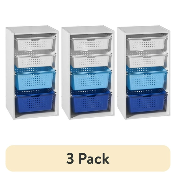 (3 pack) Your Zone Kids Sliding Bin Organizer with 4 Storage Bins, Blue