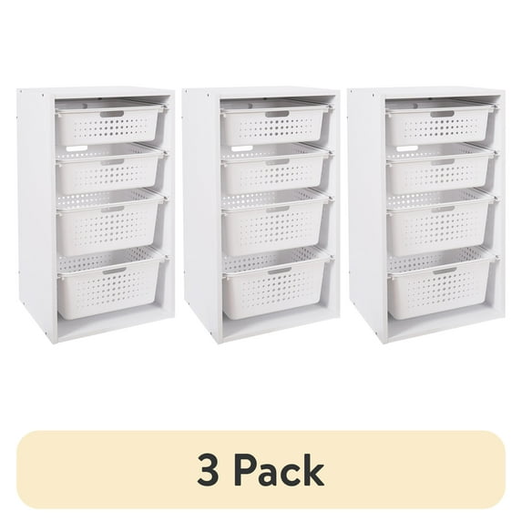 (3 pack) Your Zone Sliding Bin Organizer with 4 Storage Bins for kids, White