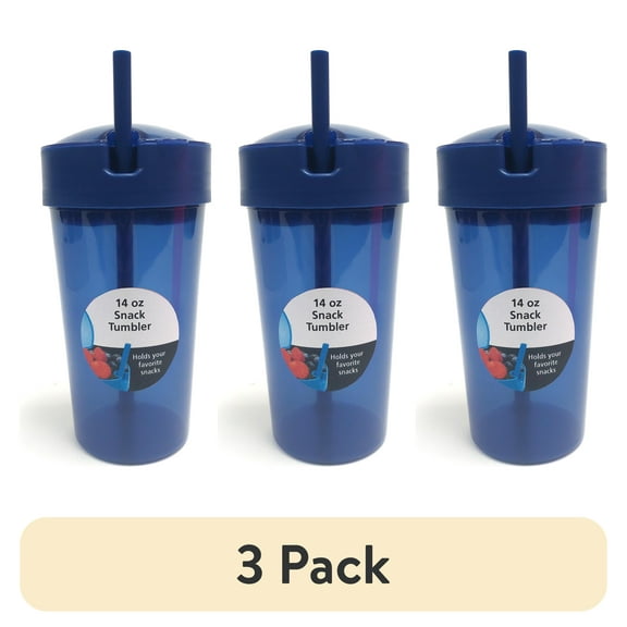 (3 pack) Your Zone Plastic Blue Snack Tumbler with Straw, 14 oz