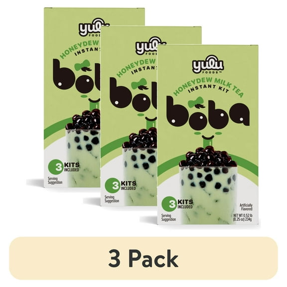 (3 pack) Yulu Foods Instant Boba Honeydew Milk Tea, Bubble Tea Kit, 3 Drinks