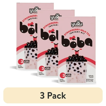 (3 pack) Yulu Foods Instant Boba Strawberry Milk Tea, Bubble Tea Kit, 3 Drinks