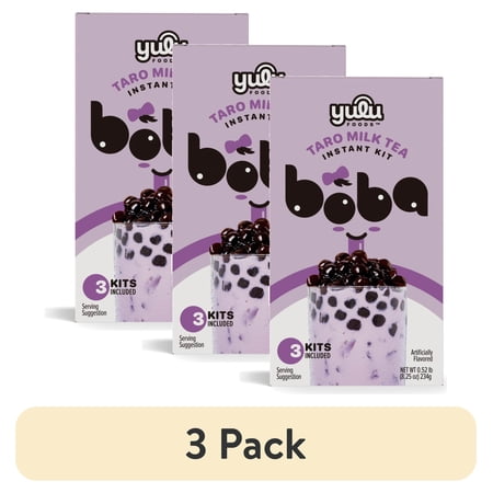 (3 pack) Yulu Foods Instant Boba Taro Milk Tea, Bubble Tea Kit, 3 Drinks