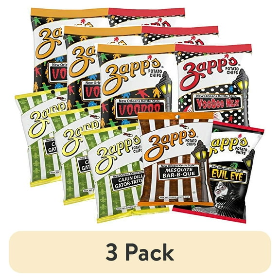 (3 pack) ZAPP'S Potato Chips Variety Pack | Evil Eye, Voodoo, Voodoo Heat, Mesquite BBQ, Cajun Dill Gatortator, 2.5 oz Hungry Sized Bags | 5-Pack