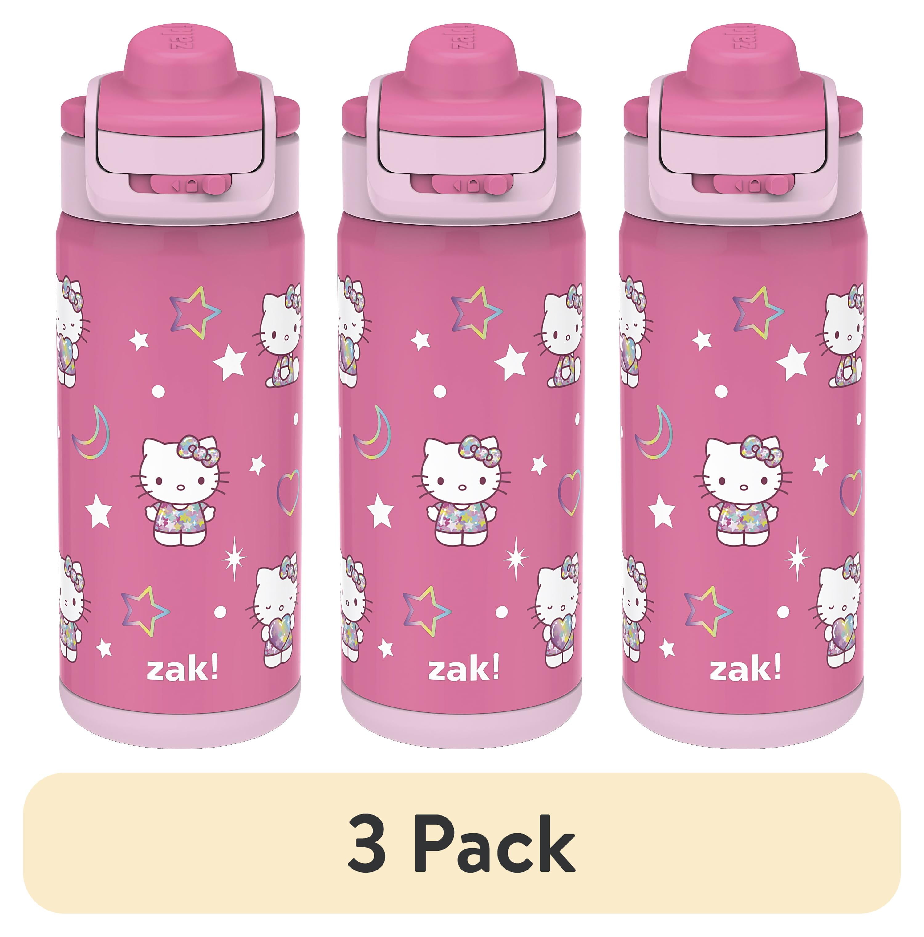 (3 pack) Zak Designs Hello Kitty Kids Insulated Water Bottle with Straw, 14oz Stainless Steel, Leak-Proof, Carry Handle