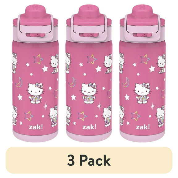 (3 pack) Zak Designs 14oz Hello Kitty Kids Straw Water Bottle, Stainless Steel Vacuum Insulated Lincoln Bottle with Easy-Open Locking Spout Cover for Travel, Built in Carry Handle