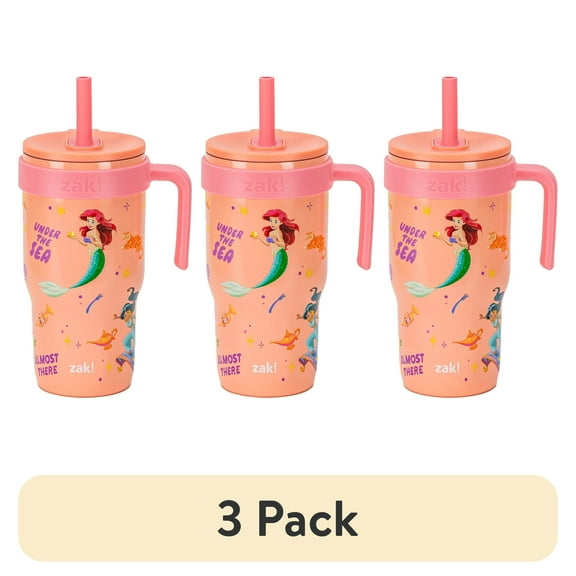(3 pack) Zak Designs 18oz Princess Kids Straw Handle Tumbler, Stainless Steel Vacuum Insulated Cruiser Tumbler with Silicone Straw Utilizing Leak-Proof Valve, Travel Straw Tumbler with Handle