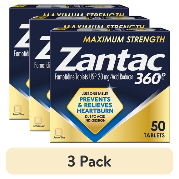 (3 pack) Zantac 360 Maximum Strength Tablets, 50 Count, Heartburn Prevention and Relief, 20 mg Tablets