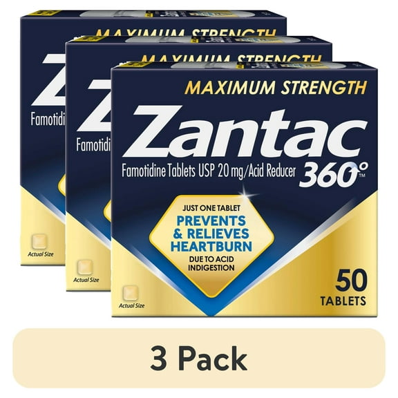(3 pack) Zantac 360 Maximum Strength Tablets, 50 Count, Heartburn Prevention and Relief, 20 mg Tablets