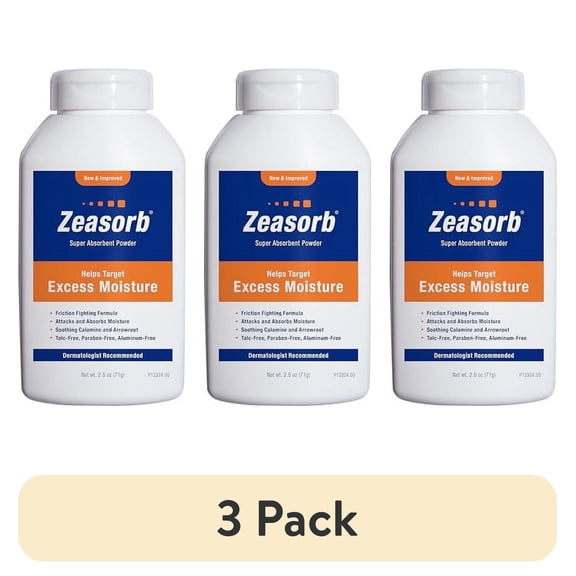 (3 pack) Zeasorb Excess Moisture Control Super Absorbent Foot & Body Powder, Dermatologist Recommended, Friction-Fighting Formula with Patented Odor Control Technology, 2.5 oz bottle