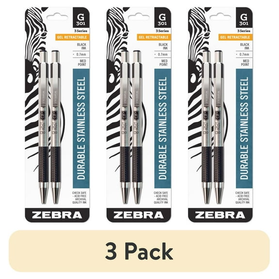 (3 pack) Zebra G-301 Stainless Steel Retractable Gel Pen, 0.7mm, Black Ink