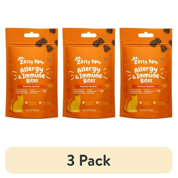 (3 pack) Zesty Paws Allergy & Immune Bites for Cats, Seasonal Allergy Relief, Bacon 30ct