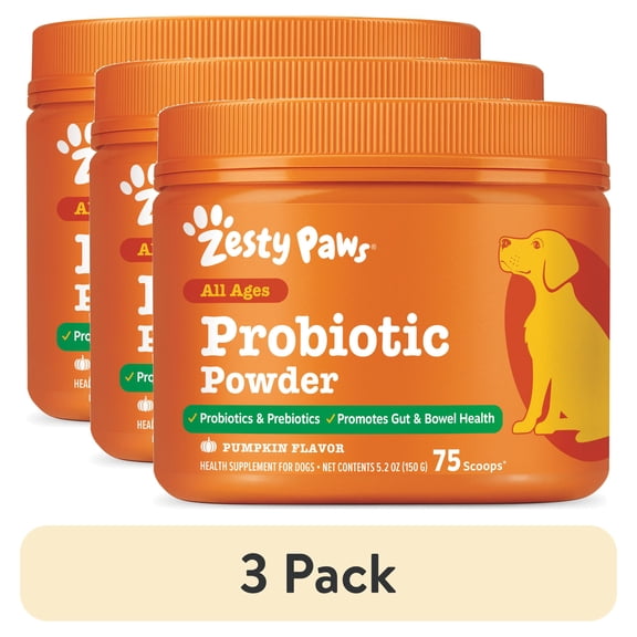 (3 pack) Zesty Paws Probiotic Powder Pumpkin Flavor Dog Supplement, 150g