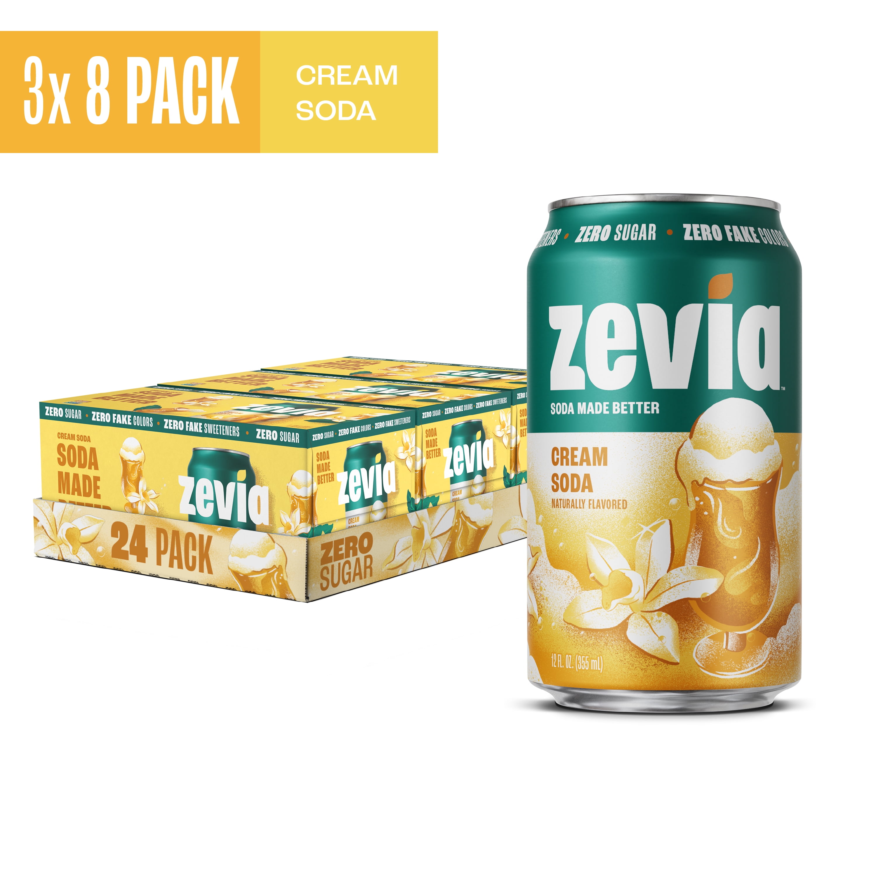 3 pack) Zevia Zero Calorie, No Sugar Cream Soda Pop, 12 fl oz, 8