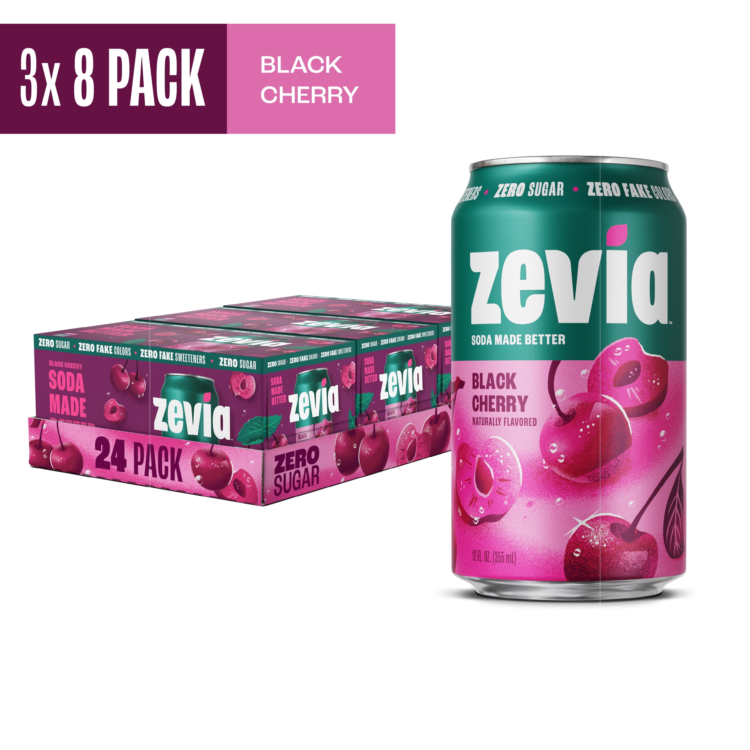 (3 pack) (3 pack) (3 pack) Zevia Zero Sugar, 0 Calorie Black Cherry Soda Pop, 12 fl oz, 8 Pack Cans