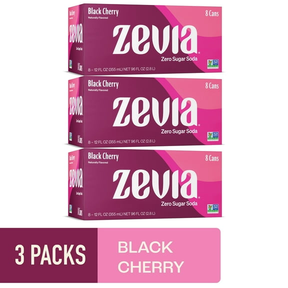 (3 pack) (3 pack) Zevia Zero Sugar, 0 Calorie Black Cherry Soda Pop, 12 fl oz, 8 Pack Cans